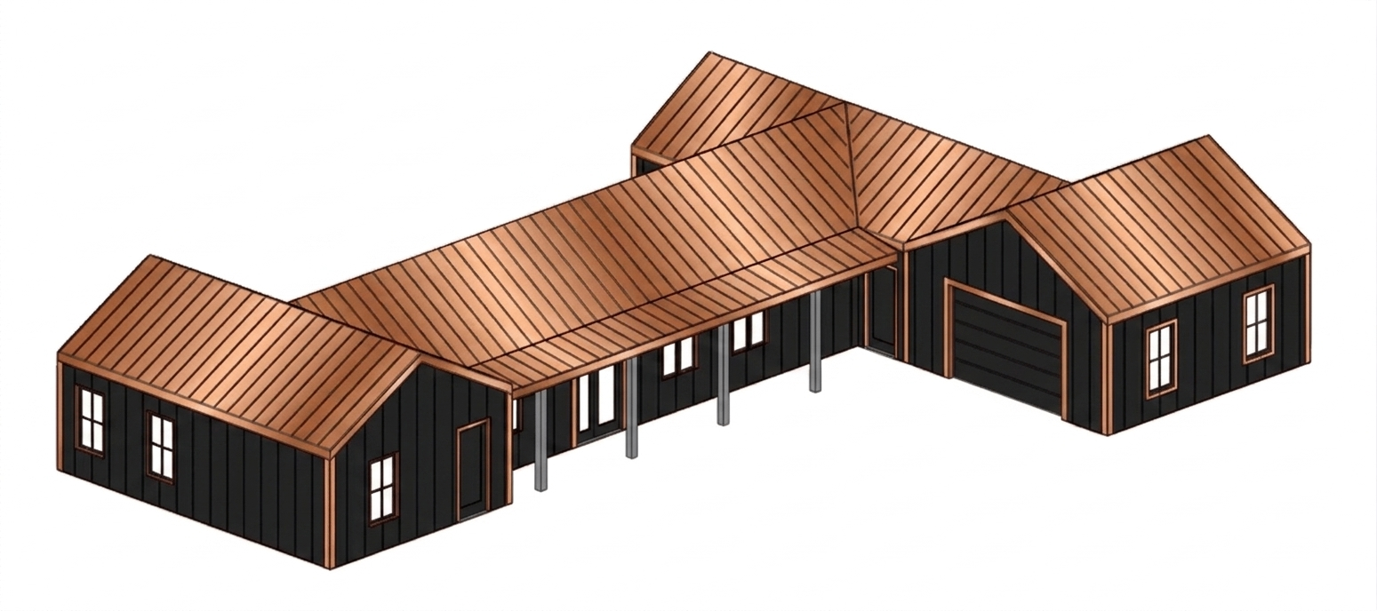 3D render of a custom barndominium with copper-tone metal roofing and black board-and-batten siding
